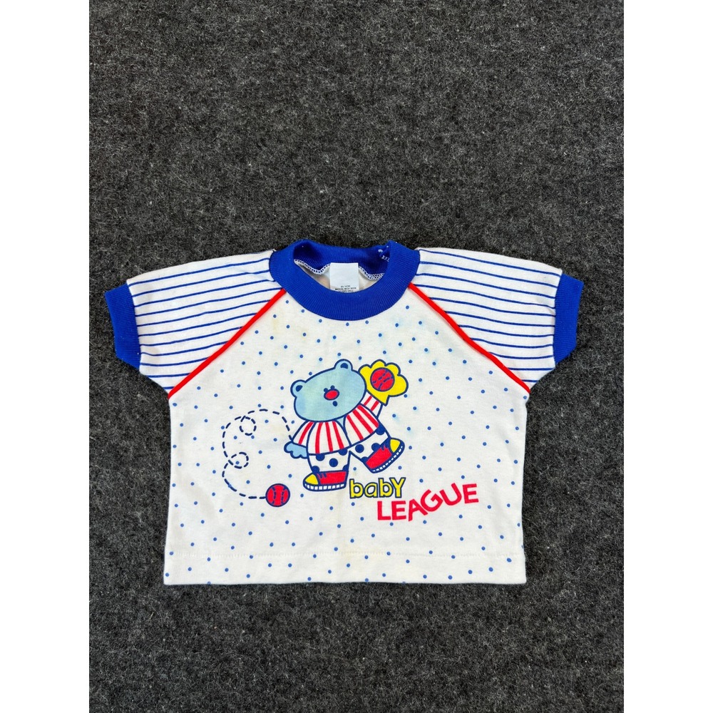 Vintage 90s BabyGro Baby League Bear T-Shirt 6-9 Months USA Striped Blue Retro